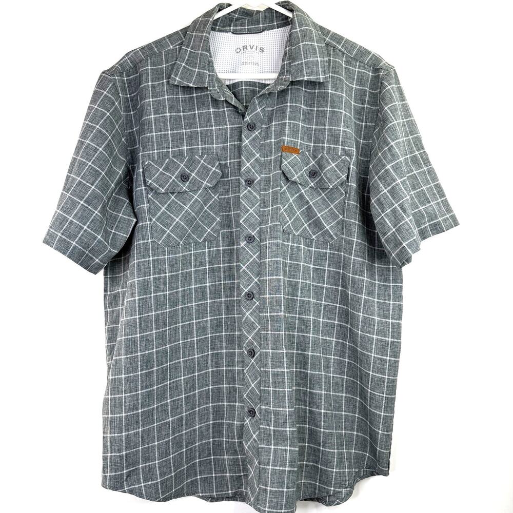 Orvis Men's Grey Plaid Button Front Short Sleeve Shirt Size Large
